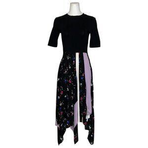 Maje Rilla Floral Two Tone Patch Midi Dress US/M Black Handkerchief Short Sleeve